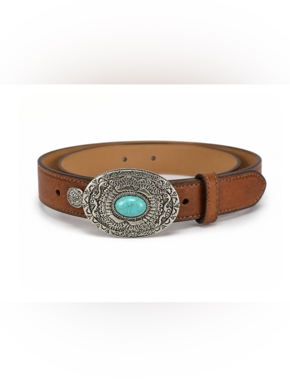 Brown Faux Leather Women’s Belt with Turquoise Medallion Buckle - PLUS size